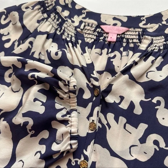 Lilly Pulitzer Elsa Elephant Navy and Cream Patterned Top - Picture 1 of 8